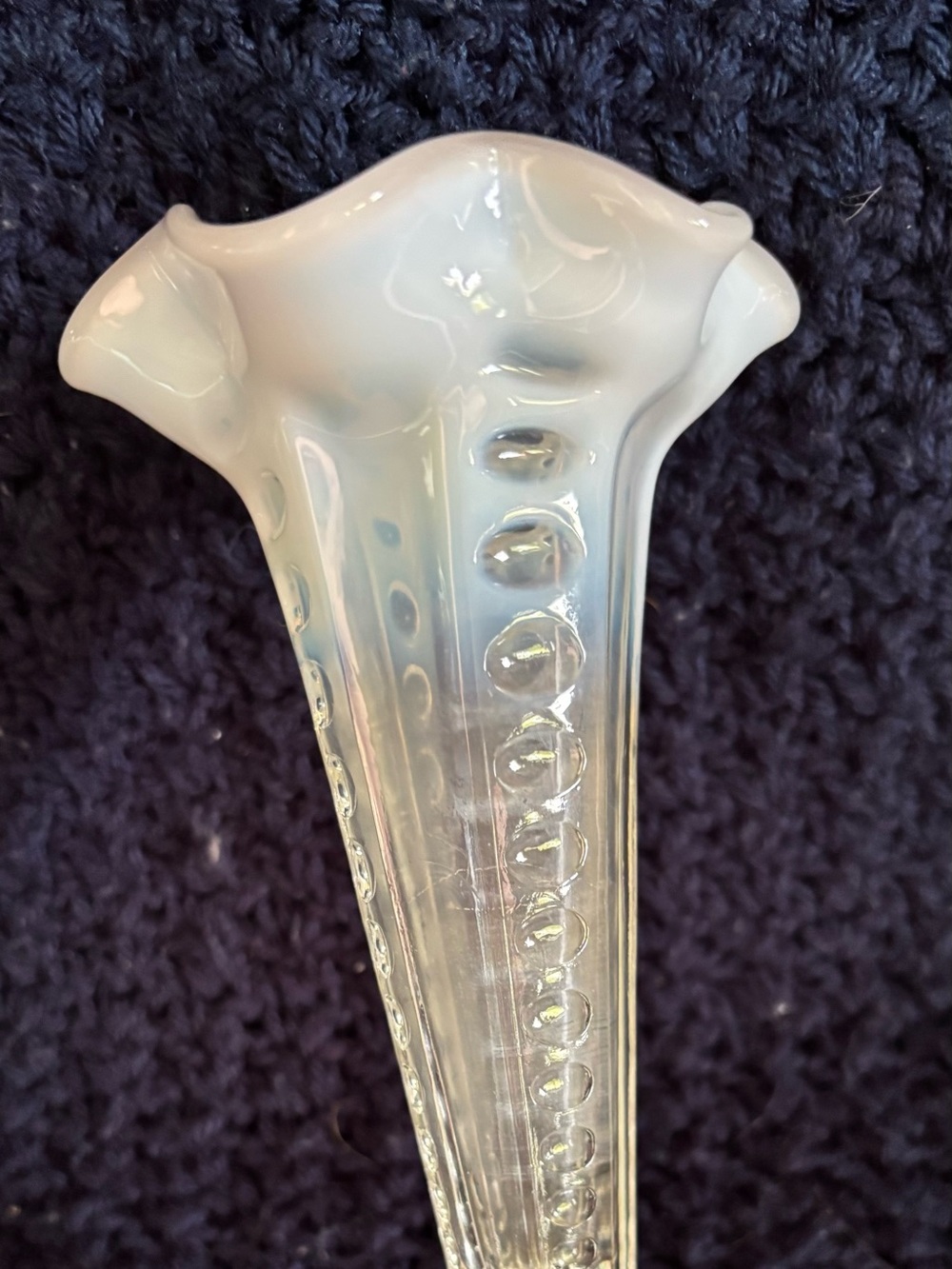 Glass Opalescent Concave Coin Spot Ruffled 7” Vase